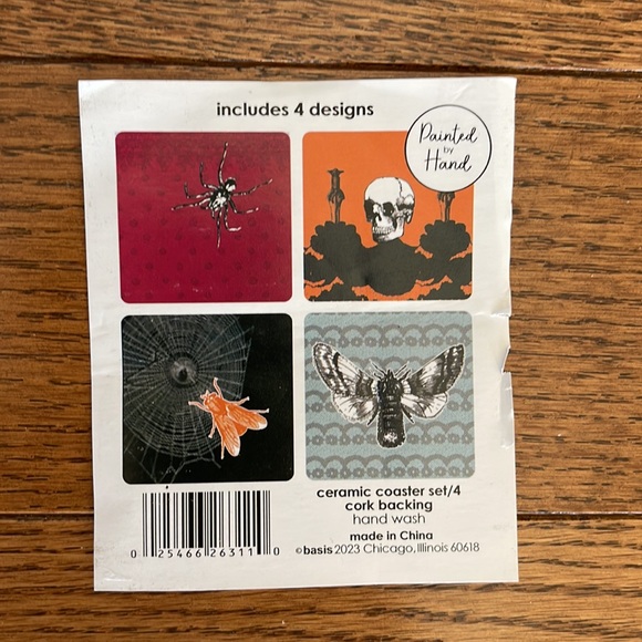 NWOB Set of 4 BASIS Ceramic Spooky Goth Decor Tiles Drink Coasters Cork Backing - Picture 3 of 7